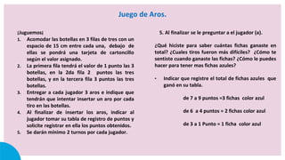 Juego de Aros.
¡Juguemos¡
1. Acomodar las botellas en 3 filas de tres con un
espacio de 15 cm entre cada una, debajo de
ellas se pondrá una tarjeta de cartoncillo
según el valor asignado.
2. La primera fila tendrá el valor de 1 punto las 3
botellas, en la 2da fila 2 puntos las tres
botellas, y en la tercera fila 3 puntos las tres
botellas.
3. Entregar a cada jugador 3 aros e indique que
tendrán que intentar insertar un aro por cada
tiro en las botellas.
4. Al finalizar de insertar los aros, indicar al
jugador tomar su tabla de registro de puntos y
solicite registrar en ella los puntos obtenidos.
5. Se darán mínimo 2 turnos por cada jugador.
5. Al finalizar se le preguntar a el jugador (a).
¿Qué hiciste para saber cuántas fichas ganaste en
total? ¿Cuales tiros fueron más difíciles? ¿Cómo te
sentiste cuando ganaste las fichas? ¿Cómo le puedes
hacer para tener mas fichas azules?
• Indicar que registre el total de fichas azules que
ganó en su tabla.
de 7 a 9 puntos =3 fichas color azul
de 6 a 4 puntos = 2 fichas color azul
de 3 a 1 Punto = 1 ficha color azul
 