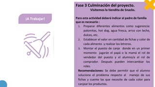¡A Trabajar!
Fase 3 Culminación del proyecto.
Visitemos la tiendita de Snacks.
Para esta actividad deberá indicar al padre de familia
que es necesario :
1. Preparar diferentes alimentos como sugerencia:
palomitas, hot dog, agua fresca, arroz con leche,
dulces, etc.
2. Establecer el valor en cantidad de fichas y color de
cada alimento y realizar los letreros.
3. Montar el puesto de canje donde en un primer
momento jugarán el papá o la mamá el rol de
vendedor del puesto y el alumno/a el rol de
comprador. Después pueden intercambiar los
roles.
Recomendaciones: Se debe permitir que el alumno
solucione el problema respecto al manejo de sus
fichas y cuente las que necesite de cada color para
canjear los productos.
 