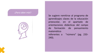 ¿Para saber más?
Se sugiere remitirse al programa de
aprendizajes claves de la educación
preescolar, en el apartado de
orientaciones didácticas del campo
de formación de pensamiento
matemático
referentes a “número” (pg. 233-
240).
 