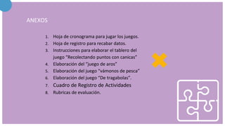 ANEXOS
1. Hoja de cronograma para jugar los juegos.
2. Hoja de registro para recabar datos.
3. Instrucciones para elaborar el tablero del
juego “Recolectando puntos con canicas”
4. Elaboración del “juego de aros”
5. Elaboración del juego “vámonos de pesca”
6. Elaboración del juego “De tragabolas”.
7. Cuadro de Registro de Actividades
8. Rubricas de evaluación.
 