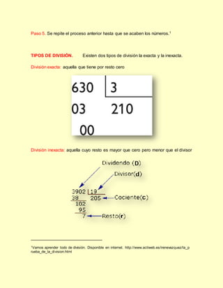 Paso 5. Se repite el proceso anterior hasta que se acaben los números.1
TIPOS DE DIVISIÓN. Existen dos tipos de división la exacta y la inexacta.
División exacta: aquella que tiene por resto cero
División inexacta: aquella cuyo resto es mayor que cero pero menor que el divisor
_____________________________
1Vamos aprender todo de división. Disponible en internet. http://www.actiweb.es/irenevazquez/la_p
rueba_de_la_division.html
 