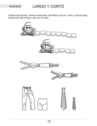 12
LARGO Y CORTOActividad
Observa las figuras, realiza mediciones. Identifique cuál es corto y cuál es largo,
colorea de rojo el largo y de azul el corto.
 