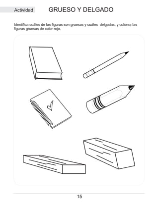 GRUESO Y DELGADO
15
Identifica cuáles de las figuras son gruesas y cuáles delgadas, y colorea las
figuras gruesas de color rojo.
Actividad
 