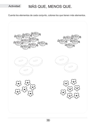 MÁS QUE, MENOS QUE.
38
Cuenta los elementos de cada conjunto, colorea los que tienen más elementos.
Actividad
 