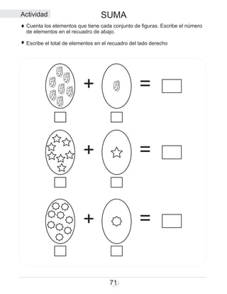 SUMA
71
+ =
=
=
+
+
Actividad
Cuenta los elementos que tiene cada conjunto de figuras. Escribe el número
de elementos en el recuadro de abajo.
Escribe el total de elementos en el recuadro del lado derecho
 