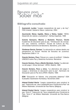 Juguemos en paz


      Recursos para
      “Saber más”
      Bibliografía consultada:
         Auzmendi, Lurdes “Juegos cooperativos de ayer y de hoy”.
         FISC-Intered- Gobierno Vasco. Lestonnac, 2004

         Azurmendi, Elena; Ugalde, Elena y Vielva, Isabel. “DEVA.
         Desarrollo de valores y autoestima”. Cáritas Española. 1998

         Caireta Sampere, Marina y Barbeito Thonon, Cécile
         Cuadernos de educación para la paz. “Introducción de concep-
         tos: paz, violencia, conflicto”. Escola de Cultura de Pau.
         Universidad Autónoma de Barcelona. Barcelona, junio 2005

         Cárdenas García, Carmen “La educación en valores desde una
         perspectiva no formal” Revista de Estudios de Juventud.
         Septiembre 2006 nº 74

         Cascón Soriano, Paco “Educar en y para el conflicto”. Cátedra
         UNESCO sobre Paz y Derechos Humanos. Barcelona

         Cascón Soriano, Paco y Martín Beristain, Carlos “La alternati-
         va del juego I. fichas técnicas”. APDH, Madrid, 1989

         Cascón Soriano, Paco y otros. “La alternativa del juego II.
         Juegos y dinámicas en educación para la paz”. Seminario de
         Educación para la Paz de la APDH. Madrid, 1990

         EGK “Educación en Valores. Una propuesta didáctica” EGK
         Euskadiko Gazteriaren Kontseilua. Noviembre 2005

         Intered Euskal Herria “Juegos cooperativos para construir la
         paz” Traducción de “Jeux coopératifs pour Construire la Paix” de
         Mildrer Masheder. Université de Paix-Namur (Bélgica)

         Intered Euskal Herria “Juegos cooperativos para construir la
         paz. Tomo 2” Traducción de “Jeux coopératifs pour Construire la
         Paix. Tomo 2” de Mildrer Masheder. Université de Paix-Namur
         (Bélgica)




100
 