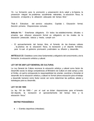 12.- La formación para la promoción y preservación de la salud y la higiene, la
prevención integral de problemas socialmente relevantes, la educación física, la
recreación, el deporte y la utilización adecuada del tiempo libre.”
Título II: Estructura del servicio educativo. Capítulo I, Educación formal,
Sección primaria. Disposiciones comunes.
Artículo 14.- “ Enseñanza obligatoria. En todos los establecimientos oficiales o
privados que ofrezcan educación formal es obligatorio en los niveles de la
educación preescolar, básica y media, cumplir con:
- El aprovechamiento del tiempo libre, el fomento de las diversas culturas
, la práctica de la educación física, la recreación y el deporte formativo,
para lo cual el gobierno promoverá y estimulara su difusión y desarrollo.
ARTÍCULO 23: Establece como área fundamental y obligatoria del conocimiento y de la
formación, la educación artística y cultural.
LEY 397 DE 2007 (LEY GENERAL DE CULTURA)
La Ley General de Cultura reconoce la educación artística y cultural como factor de
desarrollo social, le otorga competencias al Ministerio de Cultura en este campo y crea
el Sinfac, al cual le corresponde la responsabilidad de orientar, coordinar y fomentar el
desarrollo de la educación artística y cultural no formal (ahora educación para el trabajo
y desarrollo humano) como factor social, así como determinar las políticas, planes y
estrategias para su desarrollo.
LEY 181 DE 1995
La ley 181 de 1995 - “ por el cual se dictan disposiciones para el fomento
del deporte, la recreación el aprovechamiento del tiempo libre y la
educación física.”
MATRIZ PEDAGÓGICA
● — Eventos deportivos (intraclase).
 