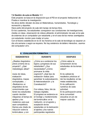 7.4 Gestión de aula en Modelo 1:1
Este proyecto se basa en la disposición que el PEI en el proyecto Institucional de
Prades e incentiva la investigación.
Se ubica dentro del plan de área en Matemáticas, humanidades, Tecnología y
recreación y deportes.
Hace parte del proyecto de aula del manejo de tiempo libre.
En los cuadernos, los estudiantes consignaron sus conclusiones de investigaciones,
charlas en clase, observación de videos utilizando el administrador de aula en la sala
de sistemas de un computador por estudiante y en el caso de los menos aventajados
con estudiante monitor para nivelar el curso.
Con el horario establecido en la I.E los horarios en la sala de tecnología se separan un
día a la semana o según se requiera. No hay existencia de tablero interactivo, usamos
del computador al tv.
8. EVALUACIÓN FORMATIVA
DIAGNOSTICO DURANTE DESPUES
¿Realiza diagnóstico
previo al tema de su
proyecto?, ¿Qué
metodología utiliza?
Lluvia de ideas,
evaluación
diagnóstica, mapas
conceptuales…-
-Realizamos un
diagnóstico de los
conocimientos que
tienen los estudiantes
cuando deciden
integrarse al tiempo de
ajedrez y los
nivelamos para que
sean competitivos.
Damos una charla de
inducción sobre la
lombricultura y con
¿Cómo va a evidenciar los
logros y progresos de sus
estudiantes? ¿Sus
necesidades? ¿Cómo
promueve la meta
cognición? ¿Qué tipo de
evaluación realiza para
garantizar la autoevaluación,
la heteroevaluación y la
Coevaluación?
Con videos, fotos, link de
trabajos digitales.
El progreso se evidencia en
el montaje y mantenimiento
del lombricultivo en la
institución, en el agrado y
aceptación de los
estudiantes en la dedicación
al ajedrez y los nuevos
participantes registrados
¿Cómo valora la
comprensión de los
estudiantes de los temas
vistos?
En la calidad de
resultados prácticos al
dar los resultados en las
metas establecidas.
En la calificación
numérica de cada
actividad.
En la participación activa
de la comunidad
educativa en pro de
mejorar cada día.
 