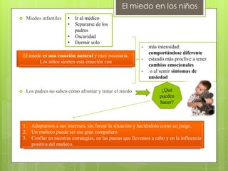 El miedo en los niños
    Miedos infantiles    •   Ir al médico
                          •   Separarse de los
                              padres
                          •   Oscuridad
                          •   Dormir solo
                                                              -   más intensidad:
                                                                  comportándose diferente
    El miedo es una emoción natural y muy necesaria.
                                                              -   estando más proclive a tener
           Los niños sienten esta emoción con
                                                                  cambios emocionales
                                                              -    o al sentir síntomas de
                                                                  ansiedad

    Los padres no saben cómo afrontar y tratar el miedo                ¿Qué
                                                                       pueden
                                                                       hacer?



    1. Adaptarnos a sus intereses, sin forzar la situación y haciéndolo como un juego.
    2. Un muñeco puede ser ese gran compañero.
    3. Confiar en nuestras estrategias, en las pautas que llevemos a cabo y en la influencia
       positiva del muñeco.
 