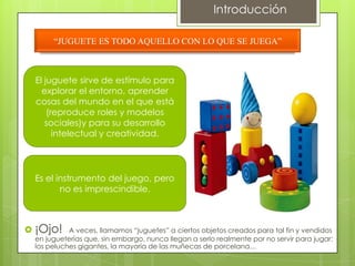 Introducción

      “JUGUETE ES TODO AQUELLO CON LO QUE SE JUEGA”



  El juguete sirve de estímulo para
    explorar el entorno, aprender
  cosas del mundo en el que está
      (reproduce roles y modelos
     sociales)y para su desarrollo
        intelectual y creatividad.




 Es el instrumento del juego, pero
        no es imprescindible.



 ¡Ojo!    A veces, llamamos “juguetes” a ciertos objetos creados para tal fin y vendidos
 en jugueterías que, sin embargo, nunca llegan a serlo realmente por no servir para jugar:
 los peluches gigantes, la mayoría de las muñecas de porcelana…
 