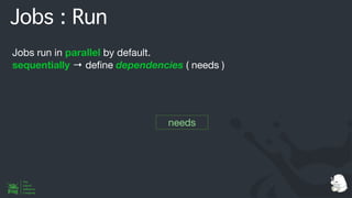 Jobs : Run
Jobs run in parallel by default.
sequentially → de
fi
ne dependencies ( needs )
needs
 