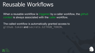 Reusable Workflows
When a reusable work
fl
ow is triggered by a caller work
fl
ow, the github
context is always associated with the caller work
fl
ow.
The called work
fl
ow is automatically granted access to
github.token and secrets.GITHUB_TOKEN.
 