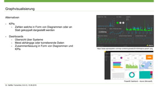 Dr. Steffen Tomschke | B-S-S | 15.09.2016
Graphvisualisierung
Alternativen
- KPIs
- Zahlen welche in Form von Diagrammen oder an
Stati gekoppelt dargestellt werden
- Dashboards
- Übersicht über Systeme
- Meist abhängige oder korrelierende Daten
- Zusammenfassung in Form von Diagrammen und
KPIs https://www.apicasystem.com/wp-content/uploads/2015/04/apica-panel1.png
PowerBI Dashbord – Azure (Microsoft)
 