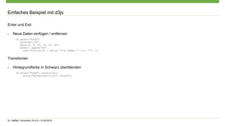 Dr. Steffen Tomschke | B-S-S | 15.09.2016
Einfaches Beispiel mit d3js
Enter und Exit
- Neue Daten einfügen / entfernen
d3.select("body")
.selectAll("p")
.data([4, 8, 15, 16, 23, 42])
.enter().append("p")
.text(function(d) { return "I’m number " + d + "!"; });
Transitionen
- Hintegrundfarbe in Schwarz überblenden
d3.select("body").transition()
.style("background-color", "black");
 