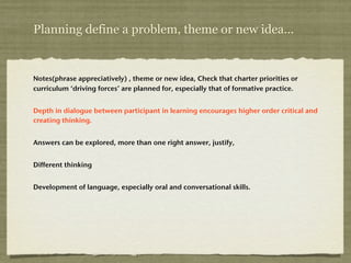 Planning define a problem, theme or new idea...


Notes(phrase appreciatively) , theme or new idea, Check that charter priorities or
curriculum ‘driving forces’ are planned for, especially that of formative practice.


Depth in dialogue between participant in learning encourages higher order critical and
creating thinking.


Answers can be explored, more than one right answer, justify,


Different thinking


Development of language, especially oral and conversational skills.
 