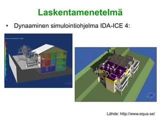 Laskentamenetelmä
• Dynaaminen simulointiohjelma IDA-ICE 4:




                                 Lähde: http://www.equa.se/
 