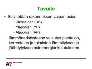 Tavoite
• Selvitetään rakennuksen vaipan osien:
    • Ulkoseinän (US)
    • Yläpohjan (YP)
    • Alapohjan (AP)
  lämmöneristystason vaikutus pientalon,
  kerrostalon ja toimiston lämmityksen ja
  jäähdytyksen ostoenergiankulutukseen.
 