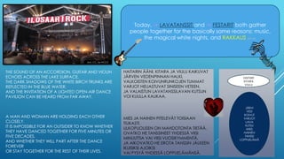 THE SOUND OF AN ACCORDION, GUITAR AND VIOLIN
ECHOES ACROSS THE LAKE SURFACE,
THE DARK SHADOWS OF THE WHITE BIRCH TRUNKS ARE
REFLECTED IN THE BLUE WATER,
AND THE INVITATION OF A LIGHTED OPEN-AIR DANCE
PAVILION CAN BE HEARD FROM FAR AWAY.
A MAN AND WOMAN ARE HOLDING EACH OTHER
CLOSELY.
IT IS IMPOSSIBLE FOR AN OUTSIDER TO KNOW WHETHER
THEY HAVE DANCED TOGETHER FOR FIVE MINUTES OR
FIVE DECADES,
AND WHETHER THEY WILL PART AFTER THE DANCE
FOREVER
OR STAY TOGETHER FOR THE REST OF THEIR LIVES.
HAITARIN ÄÄNI, KITARA JA VIULU KAIKUVAT
JÄRVEN VEDENPINNAN HALKI,
VALKOISTEN KOIVUNRUNKOJEN TUMMAT
VARJOT HEIJASTUVAT SINISEEN VETEEN,
JA VALAISTUN LAVATANSSILAVAN KUTSUN
VOI KUULLA KAUKAA.
MIES JA NAINEN PITELEVÄT TOISIAAN
TIUKASTI.
ULKOPUOLISEN ON MAHDOTONTA TIETÄÄ,
OVATKO HE TANSSINEET YHDESSÄ VIISI
MINUUTTIA VAI VIISI VUOSIKYMMENTÄ,
JA AIKOVATKO HE EROTA TANSSIN JÄLKEEN
IKUISIKSI AJOIKSI
VAI PYSYÄ YHDESSÄ LOPPUELÄMÄNSÄ.
Today, -> LAVATANSSIT and -> FESTARIT both gather
people together for the basically same reasons: music,
the magical white nights, and RAKKAUS (love).
HAITARI
KITARA
VIULU
JÄRVI
VESI
KOIVUT
VARJOT
LAVA
KUTSU
MIES
NAINEN
TANSSI
LOPPUELÄMÄ
Javi_CC_by-NC2.0
 