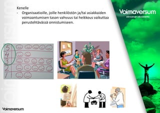 Kenelle
- Organisaatioille, joille henkilöstön ja/tai asiakkaiden
   voimaantumisen tason vahvuus tai heikkous vaikuttaa
   perustehtävässä onnistumiseen.
 