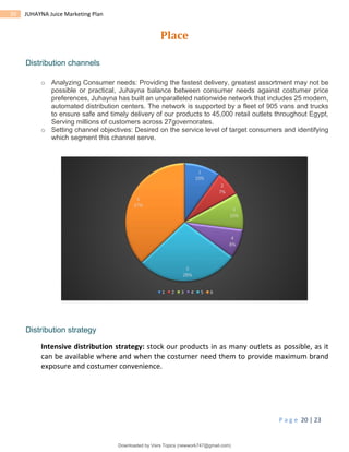 P a g e 20 | 23
20 JUHAYNA Juice Marketing Plan
Place
Distribution channels
o Analyzing Consumer needs: Providing the fastest delivery, greatest assortment may not be
possible or practical, Juhayna balance between consumer needs against costumer price
preferences, Juhayna has built an unparalleled nationwide network that includes 25 modern,
automated distribution centers. The network is supported by a fleet of 905 vans and trucks
to ensure safe and timely delivery of our products to 45,000 retail outlets throughout Egypt,
Serving millions of customers across 27governorates.
o Setting channel objectives: Desired on the service level of target consumers and identifying
which segment this channel serve.
Distribution strategy
Intensive distribution strategy: stock our products in as many outlets as possible, as it
can be available where and when the costumer need them to provide maximum brand
exposure and costumer convenience.
1
10%
2
7%
3
10%
4
8%
5
28%
6
37%
1 2 3 4 5 6
Downloaded by Visrs Topics (newwork747@gmail.com)
lOMoARcPSD|25826172
 