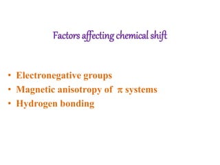 Factors affecting chemical shift
• Electronegative groups
• Magnetic anisotropy of  systems
• Hydrogen bonding
 