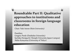Roundtable Part II: Qualitative
approaches to institutions and
classrooms in foreign language
education
Chair: Yuki Imoto (Keio University)
Panelists:
Gregory Poole (Doshisha University)
Sachiko Horiguchi (Temple University Japan Campus)
Akiko Katayama (University of Tokyo)
