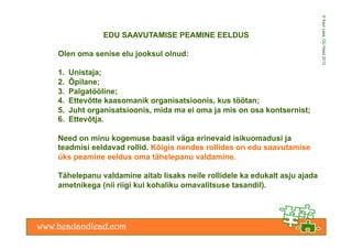 © Kaur Lass, OÜ Head 2012
               EDU SAAVUTAMISE PEAMINE EELDUS

Olen oma senise elu jooksul olnud:

1.    Unistaja;
2.    Õpilane;
3.    Palgatööline;
4.    Ettevõtte kaasomanik organisatsioonis, kus töötan;
5.    Juht organisatsioonis, mida ma ei oma ja mis on osa kontsernist;
6.    Ettevõtja.

Need on minu kogemuse baasil väga erinevaid isikuomadusi ja
teadmisi eeldavad rollid. Kõigis nendes rollides on edu saavutamise
üks peamine eeldus oma tähelepanu valdamine.

Tähelepanu valdamine aitab lisaks neile rollidele ka edukalt asju ajada
ametnikega (nii riigi kui kohaliku omavalitsuse tasandil).
 