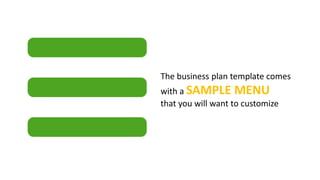 The business plan template comes
with a SAMPLE MENU
that you will want to customize
For more information, to read product reviews and to order visit:
http://www.juicebarbusinessplan.info/
or
https://www.fiverr.com/jssnetbay/deliver-a-juice-bar-business-plan
 