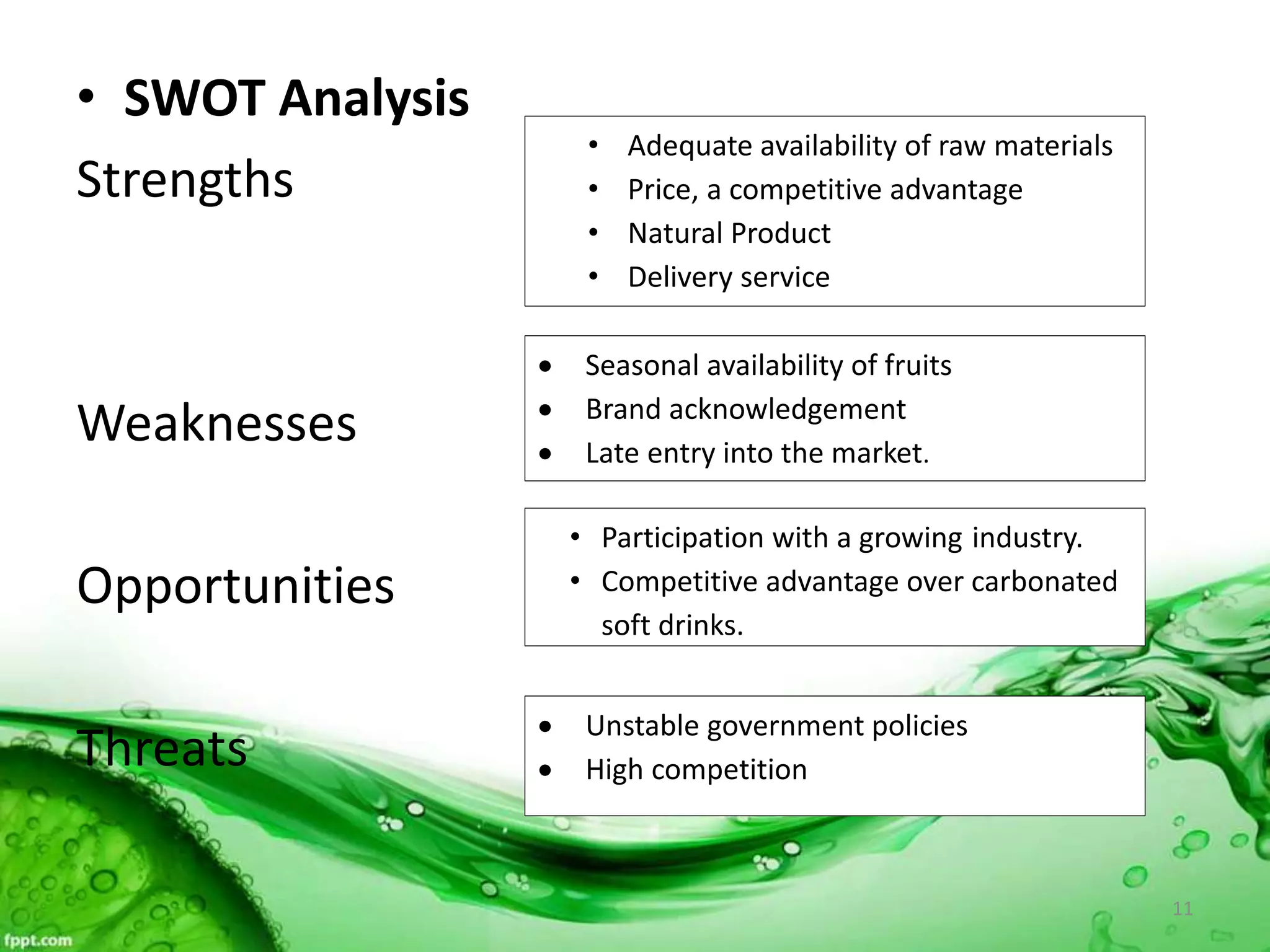 • SWOT Analysis
Strengths
Weaknesses
Opportunities
Threats
• Adequate availability of raw materials
• Price, a competitive advantage
• Natural Product
• Delivery service
 Seasonal availability of fruits
 Brand acknowledgement
 Late entry into the market.
• Participation with a growing industry.
• Competitive advantage over carbonated
soft drinks.
 Unstable government policies
 High competition
11
 
