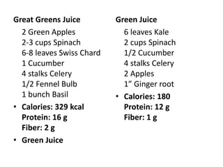 Great Greens Juice         Green Juice
  2 Green Apples             6 leaves Kale
  2-3 cups Spinach           2 cups Spinach
  6-8 leaves Swiss Chard     1/2 Cucumber
  1 Cucumber                 4 stalks Celery
  4 stalks Celery            2 Apples
  1/2 Fennel Bulb            1” Ginger root
  1 bunch Basil            • Calories: 180
• Calories: 329 kcal         Protein: 12 g
  Protein: 16 g              Fiber: 1 g
  Fiber: 2 g
• Green Juice
 