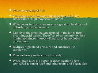  Prevents greying of hairPrevents greying of hair
 Wheatgrass juice improves the digestion, ideal forWheatgrass juice improves the digestion, ideal for
constipation- high magnesium contentconstipation- high magnesium content
 Wheatgrass implants (enemas) are great for healing andWheatgrass implants (enemas) are great for healing and
detoxifying the colon walls.detoxifying the colon walls.
 Dissolves the scars that are formed in the lungs fromDissolves the scars that are formed in the lungs from
breathing acid gasses. The effect of carbon monoxide isbreathing acid gasses. The effect of carbon monoxide is
minimized since chlorophyll increases hemoglobinminimized since chlorophyll increases hemoglobin
production.production.
 Reduces high blood pressure and enhances theReduces high blood pressure and enhances the
capillaries.capillaries.
 Remove heavy metals from the body.Remove heavy metals from the body.
 Wheatgrass juice is a superior detoxification agentWheatgrass juice is a superior detoxification agent
compared to carrot juice and other fruits and vegetables.compared to carrot juice and other fruits and vegetables.
 