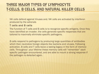 NK cells defend against Viruses and. NK cells are activated by interferon
produced by the adrenals
 T cells and B cells
 The function of T cells and B cells is to recognize specific antigens, Once they
have identified an invader, the cells generate specific responses that are
tailored to maximally eliminate specific pathogens.
 B cells respond to pathogens by producing large quantities of antibodies
which then neutralize foreign objects like bacteria and viruses. Following
activation, B cells and T cells leave a lasting legacy in the form of memory
cells. Throughout your lifetime these memory cells will “remember” each
specific pathogen encountered, and are able to mount a strong response if
the pathogen is detected again.
 
