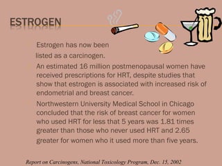  Estrogen has now been
listed as a carcinogen.
 An estimated 16 million postmenopausal women have
received prescriptions for HRT, despite studies that
show that estrogen is associated with increased risk of
endometrial and breast cancer.
 Northwestern University Medical School in Chicago
concluded that the risk of breast cancer for women
who used HRT for less that 5 years was 1.81 times
greater than those who never used HRT and 2.65
greater for women who it used more than five years.
Report on Carcinogens, National Toxicology Program, Dec. 15, 2002
 