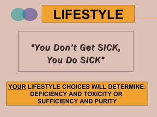 ““You Don’t Get SICK,You Don’t Get SICK,
You Do SICK”You Do SICK”
LIFESTYLE
YOURYOUR LIFESTYLE CHOICES WILL DETERMINE:LIFESTYLE CHOICES WILL DETERMINE:
DEFICIENCY AND TOXICITY ORDEFICIENCY AND TOXICITY OR
SUFFICIENCY AND PURITYSUFFICIENCY AND PURITY
 