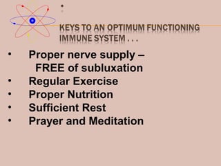 • Proper nerve supply –
FREE of subluxation
• Regular Exercise
• Proper Nutrition
• Sufficient Rest
• Prayer and Meditation
 