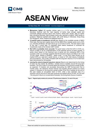 WEEKLY UPDATE
                                                                                                                              Week ending: 24 April 2009
CIMB Research Report




                       ASEAN View
                        Toh Hoon Chew, CFA +60 (3)-20849684 – hoonchew.toh@cimb.com


                       • Momentum halted US equities indices were in a +/-1% range, after Treasury
                            Secretary Geithner said the “vast majority” of banks have enough capital and
                            comments allayed concerns about next month’s “stress test” results, after an earlier
                            leak indicating otherwise. Big European banks also reported a brighter 1Q09 results or
                            guidance. Regional markets were mixed, with profit taking in Indonesia, Hong Kong
                            and Singapore, while Thailand and Malaysia were up.
                            14 painful years to breakeven at 5.4% p.a. Based on the available sample of MSCI
                       •
                            FExJ data, the long term capital returns for the MSCI FExJ markets works out to 5.4%
                            p.a. Including dividends, the total returns go up to 8.4% to 9.4%. The bad news is that
                            at this rate, it would take 14 miserable years before breakeven is achieved for
                            investments made at the October 2007 market.
                            But 6.8% is probably more accurate The good news is that the 8.4% to 9.4% p.a.
                       •
                            returns is likely to be an underestimation of the potential returns of Asian equities. A
                            sanity check based on the historical cost of equity and the underlying ROE of the
                            countries under our coverage suggests that the long term returns are likely to be in the
                            10-18% range. Adding a trendline – albeit crude – to the FExJ index throws up an
                            implied 6.8% p.a. long term capital returns, or close to 12% total returns if dividends
                            are accounted for. This is also consistent with the long term returns of 10.7% that have
                            been documented for US equities.
                            Juicing the returns beyond long term returns Returns are determined by the timing
                       •
                            of entry into the market. By definition, markets tend to oscillate around the long term
                            trendline. The FExJ index is currently below the trendline of its long term growth profile,
                            as expected. If investors are accurately discounting the GDP turning point that is
                            months away, risk tolerance should improve and equities should continue its march
                            upward. A reversion to the long term growth profile of the FExJ markets by the end of
                            this year implies an annualised return of 52%, while a less optimistic view of a
                            reversion only by the end of next year produces annualised returns of 24%. At 3.5x and
                            7.6x long term returns on conservative forecasts, the timing factor favours investors.

                       Figure 1: Regional equity markets and currencies YTD performance (indexed at 1 for start of the year)
                                                                                                       KLCI Index
                                                                                                       FSSTI Index
                            1.18                                                                       JCI Index
                                                                                                       SET Index
                                                                                                       HSI Index
                            1.08


                            0.98


                            0.88


                            0.78
                               1-Jan-09 11-Jan-09 21-Jan-09 31-Jan-09 10-Feb-09 20-Feb-09 2-Mar-09 12-Mar-09 22-Mar-09 1-Apr-09 11-Apr-09 21-Apr-09



                           1.090
                                                 Depreciation
                           1.070

                           1.050

                           1.030
                                                                                                    MYR Curncy
                           1.010
                                                                                                    SGD Curncy             Appreciation
                                                                                                    IDR Curncy
                           0.990
                                                                                                    THB Curncy
                           0.970

                           0.950
                               1-Jan-09 11-Jan-09 21-Jan-09 31-Jan-09 10-Feb-09 20-Feb-09 2-Mar-09 12-Mar-09 22-Mar-09 1-Apr-09 11-Apr-09 21-Apr-09

                       Source: Bloomberg




                       Please read carefully the important disclosures at the end of this publication.
 