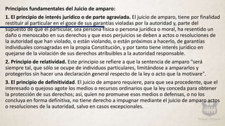 Principios fundamentales del Juicio de amparo:
1. El principio de interés jurídico o de parte agraviada. El juicio de amparo, tiene por finalidad
restituir al particular en el goce de sus garantías violadas por la autoridad y, parte del
supuesto de que el particular, sea persona física o persona jurídica o moral, ha resentido un
daño o menoscabo en sus derechos y que esos perjuicios se deben a actos o resoluciones de
la autoridad que han violado, o están violando, o están próximos a hacerlo, de garantías
individuales consagradas en la propia Constitución, y por tanto tiene interés jurídico en
quejarse de la violación de sus derechos atribuibles a la autoridad responsable.
2. Principio de relatividad. Este principio se refiere a que la sentencia de amparo "será
siempre tal, que sólo se ocupe de individuos particulares, limitándose a ampararlos y
protegerlos sin hacer una declaración general respecto de la ley o acto que la motivare".
3. El principio de defínitividad. El juicio de amparo requiere, para que sea procedente, que el
interesado o quejoso agote los medios o recursos ordinarios que la ley conceda para obtener
la protección de sus derechos; así, quien no promueve esos medios o defensas, o no los
concluya en forma definitiva, no tiene derecho a impugnar mediante el juicio de amparo actos
o resoluciones de la autoridad, salvo en casos excepcionales.
 