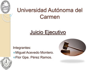Universidad Autónoma del
Carmen
Juicio Ejecutivo
Integrantes:
Miguel Acevedo Montero.
Flor Gpe. Pérez Ramos.
 