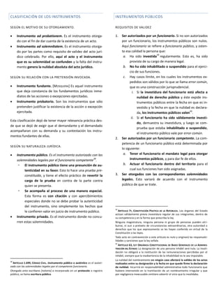 CLASIFICACIÓN DE LOS INSTRUMENTOS
SEGÚN EL MOTIVO DE SU OTORGAMIENTO.
 Instrumento ad probationem. Es el instrumento otorga-
do con el fin de dar cuenta de la existencia de un acto.
 Instrumento ad solemnitatem. Es el instrumento otorga-
do por las partes como requisito de validez del acto jurí-
dico celebrado. Por ello, aquí el acto y el instrumento
que es su solemnidad se confunden y la falta del instru-
mento genera la nulidad absoluta del acto jurídico.
SEGÚN SU RELACIÓN CON LA PRETENSIÓN INVOCADA.
 Instrumento fundante. [MOSQUERA] Es aquel instrumento
que deja constancia de los fundamentos jurídicos inme-
diatos de las acciones o excepciones ejercitadas.
 Instrumento probatorio. Son los instrumentos que sólo
pretenden justificar la existencia de la acción o excepción
ejercitada.
Esta clasificación dejó de tener mayor relevancia práctica des-
de que se dejó de exigir que el demandante y el demandado
acompañaran con su demanda y su contestación los instru-
mentos fundantes de ellas.
SEGÚN SU NATURALEZA JURÍDICA.
 Instrumento público. Es el instrumento autorizado con las
solemnidades legales por el funcionario competente
38
.
 El instrumento público tiene una presunción de au-
tenticidad en su favor. Esto lo hace una prueba pre-
constituida, y tiene el efecto práctico de revertir la
carga de la prueba en contra de la parte contra
quien se presenta.
 Se acompaña al proceso de una manera especial.
Esta forma es con citación y con apercibimientos
especiales donde no se debe probar la autenticidad
del instrumento, sino simplemente los hechos que
le confieren valor en juicio de instrumento público.
 Instrumento privado. Es el instrumento donde no concu-
rren estas solemnidades.
38
ARTÍCULO 1.699, CÓDIGO CIVIL. Instrumento público o auténtico es el autori-
zado con las solemnidades legales por el competente funcionario.
Otorgado ante escribano [notario] e incorporado en un protocolo o registro
público, se llama escritura pública.
INSTRUMENTOS PÚBLICOS
REQUISITOS DE VALIDEZ
1. Ser autorizados por un funcionario. Si no son autorizados
por un funcionario, los instrumentos públicos son nulos.
Aquí funcionario se refiere a funcionario público, y osten-
ta esa calidad la persona que:
a. Ha sido investida39
regularmente. Esto es, ha sido
provista de su cargo de manera legal.
b. No ha sido inhabilitado o suspendido para el ejerci-
cio de sus funciones.
c. Hay casos límite, en los cuales los instrumentos ex-
pedidos son válidos por lo que se llama error común,
que es una construcción jurisprudencial.
i. Si la investidura del funcionario está afecta a
nulidad de derecho público y éste expide ins-
trumentos públicos entre la fecha en que es in-
vestido y la fecha en que la nulidad es declara-
da, los instrumentos públicos valen40
.
ii. Si el funcionario ha sido válidamente investi-
do, demuestra su investidura, y luego se com-
prueba que estaba inhabilitado o suspendido,
el instrumento público vale por error común.
2. Ser autorizados por un funcionario competente. La com-
petencia de un funcionario público está determinada por
lo siguiente:
a. Tener el funcionario el mandato legal para otorgar
instrumentos públicos, y para dar fe de ellos.
b. Actuar el funcionario dentro del territorio para el
cual sus funciones han sido asignadas.
3. Ser otorgados con las correspondientes solemnidades
legales. Esto variará de acuerdo con el instrumento
público de que se trate.
39
ARTÍCULO 7º, CONSTITUCIÓN POLÍTICA DE LA REPÚBLICA. Los órganos del Estado
actúan válidamente previa investidura regular de sus integrantes, dentro de
su competencia y en la forma que prescriba la ley.
Ninguna magistratura, ninguna persona ni grupo de personas pueden atri-
buirse, ni aun a pretexto de circunstancias extraordinarias, otra autoridad o
derechos que los que expresamente se les hayan conferido en virtud de la
Constitución o las leyes.
Todo acto en contravención a este artículo es nulo y originará las responsabi-
lidades y sanciones que la ley señale.
40
ARTÍCULO 63, LEY ORGÁNICA CONSTITUCIONAL DE BASES GENERALES DE LA ADMINIS-
TRACIÓN DEL ESTADO. La designación de una persona inhábil será nula. La invali-
dación no obligará a la restitución de las remuneraciones percibidas por el
inhábil, siempre que la inadvertencia de la inhabilidad no le sea imputable.
La nulidad del nombramiento en ningún caso afectará la validez de los actos
realizados entre su designación y la fecha en que quede firme la declaración
de nulidad. Incurrirá en responsabilidad administrativa todo funcionario que
hubiere intervenido en la tramitación de un nombramiento irregular y que
por negligencia inexcusable omitiere advertir el vicio que lo invalidaba.
 