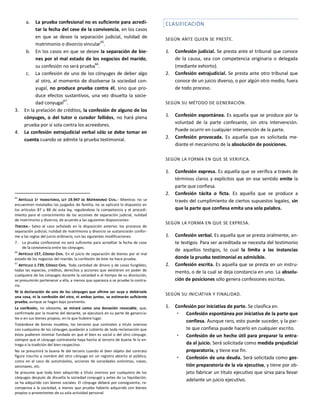 a. La prueba confesional no es suficiente para acredi-
tar la fecha del cese de la convivencia, en los casos
en que se desee la separación judicial, nulidad de
matrimonio o divorcio vincular65
.
b. En los casos en que se desee la separación de bie-
nes por el mal estado de los negocios del marido,
su confesión no será prueba
66
.
c. La confesión de uno de los cónyuges de deber algo
al otro, al momento de disolverse la sociedad con-
yugal, no produce prueba contra él, sino que pro-
duce efectos sustantivos, una vez disuelta la socie-
dad conyugal
67
.
3. En la prelación de créditos, la confesión de alguno de los
cónyuges, o del tutor o curador fallidos, no hará plena
prueba por sí sola contra los acreedores.
4. La confesión extrajudicial verbal sólo se debe tomar en
cuenta cuando se admite la prueba testimonial.
65
ARTÍCULO 1º TRANSITORIO, LEY 19.947 DE MATRIMONIO CIVIL.- Mientras no se
encuentren instalados los juzgados de familia, no se aplicará lo dispuesto en
los artículos 87 y 88 de esta ley, regulándose la competencia y el procedi-
miento para el conocimiento de las acciones de separación judicial, nulidad
de matrimonio y divorcio, de acuerdo a las siguientes disposiciones:
TERCERA.- Salvo el caso señalado en la disposición anterior, los procesos de
separación judicial, nulidad de matrimonio y divorcio se sustanciarán confor-
me a las reglas del juicio ordinario, con las siguientes modificaciones:
7. La prueba confesional no será suficiente para acreditar la fecha de cese
de la convivencia entre los cónyuges.
66
ARTÍCULO 157, CÓDIGO CIVIL. En el juicio de separación de bienes por el mal
estado de los negocios del marido, la confesión de éste no hace prueba.
67
ARTÍCULO 1.739, CÓDIGO CIVIL. Toda cantidad de dinero y de cosas fungibles,
todas las especies, créditos, derechos y acciones que existieren en poder de
cualquiera de los cónyuges durante la sociedad o al tiempo de su disolución,
se presumirán pertenecer a ella, a menos que aparezca o se pruebe lo contra-
rio.
Ni la declaración de uno de los cónyuges que afirme ser suya o debérsele
una cosa, ni la confesión del otro, ni ambas juntas, se estimarán suficiente
prueba, aunque se hagan bajo juramento.
La confesión, no obstante, se mirará como una donación revocable, que,
confirmada por la muerte del donante, se ejecutará en su parte de ganancia-
les o en sus bienes propios, en lo que hubiere lugar.
Tratándose de bienes muebles, los terceros que contraten a título oneroso
con cualquiera de los cónyuges quedarán a cubierto de toda reclamación que
éstos pudieren intentar fundada en que el bien es social o del otro cónyuge,
siempre que el cónyuge contratante haya hecho al tercero de buena fe la en-
trega o la tradición del bien respectivo.
No se presumirá la buena fe del tercero cuando el bien objeto del contrato
figure inscrito a nombre del otro cónyuge en un registro abierto al público,
como en el caso de automóviles, acciones de sociedades anónimas, naves,
aeronaves, etc.
Se presume que todo bien adquirido a título oneroso por cualquiera de los
cónyuges después de disuelta la sociedad conyugal y antes de su liquidación,
se ha adquirido con bienes sociales. El cónyuge deberá por consiguiente, re-
compensa a la sociedad, a menos que pruebe haberlo adquirido con bienes
propios o provenientes de su sola actividad personal.
CLASIFICACIÓN
SEGÚN ANTE QUIEN SE PRESTE.
1. Confesión judicial. Se presta ante el tribunal que conoce
de la causa, sea con competencia originaria o delegada
(mediante exhorto).
2. Confesión extrajudicial. Se presta ante otro tribunal que
conoce de un juicio diverso, o por algún otro medio, fuera
de todo proceso.
SEGÚN SU MÉTODO DE GENERACIÓN.
1. Confesión espontánea. Es aquella que se produce por la
voluntad de la parte confesante, sin otra intervención.
Puede ocurrir en cualquier intervención de la parte.
2. Confesión provocada. Es aquella que es solicitada me-
diante el mecanismo de la absolución de posiciones.
SEGÚN LA FORMA EN QUE SE VERIFICA.
1. Confesión expresa. Es aquella que se verifica a través de
términos claros y explícitos que en ese sentido emite la
parte que confiesa.
2. Confesión tácita o ficta. Es aquella que se produce a
través del cumplimiento de ciertos supuestos legales, sin
que la parte que confiesa emita una sola palabra.
SEGÚN LA FORMA EN QUE SE EXPRESA.
1. Confesión verbal. Es aquella que se presta oralmente, an-
te testigos. Para ser acreditada se necesita del testimonio
de aquellos testigos, lo cual la limita a las instancias
donde la prueba testimonial es admisible.
2. Confesión escrita. Es aquella que se presta en un instru-
mento, o de la cual se deja constancia en uno. La absolu-
ción de posiciones sólo genera confesiones escritas.
SEGÚN SU INICIATIVA Y FINALIDAD.
1. Confesión por iniciativa de parte. Se clasifica en.
 Confesión espontánea por iniciativa de la parte que
confiesa. Aunque raro, esto puede suceder, y la par-
te que confiesa puede hacerlo en cualquier escrito.
 Confesión de un hecho útil para preparar la entra-
da al juicio. Será solicitada como medida prejudicial
preparatoria, y tiene ese fin.
 Confesión de una deuda. Será solicitada como ges-
tión preparatoria de la vía ejecutiva, y tiene por ob-
jeto fabricar un título ejecutivo que sirva para llevar
adelante un juicio ejecutivo.
 