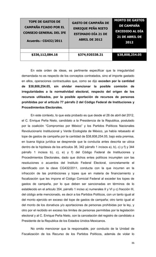 TOPE DE GASTOS DE                                                 MONTO DE GASTOS
                                         GASTO DE CAMPAÑA DE
  CAMPAÑA FIJADO POR EL                                                     DE CAMPAÑA
                                         ENRIQUE PEÑA NIETO
 CONSEJO GENERAL DEL IFE                                                 EXCEDIDO AL DÍA
                                         ESTIMADO DÍA 21 DE
                                                                          21 DE ABRIL DE
     Acuerdo.- CG432/2011                   ABRIL DE 2012
                                                                                 2012



       $336,112,084.16                      $374,920338.21                $38,808,254.05




       En este orden de ideas, es pertinente especificar que la irregularidad
demandada no es respecto de los conceptos contratados, sino el importe gastado
en ellos, operaciones contractuales que, como se dijo exceden por la cantidad
de   $38,808,254.05,     sin   olvidar    mencionar     la   posible    comisión     de
irregularidades a la normatividad electoral, respecto del origen de los
recursos utilizados, por la posible aportación de recursos de personas
prohibidas por el articulo 77 párrafo 2 del Código Federal de Instituciones y
Procedimientos Electorales.

       En este contexto, lo que esta probado es que desde el 26 de abril del 2012,
el C. Enrique Peña Nieto, candidato a la Presidencia de la Republica, postulado
por la coalición “Compromiso por México” y los Partidos Políticos Nacionales
Revolucionario Institucional y Verde Ecologista de México, ya había rebasado el
tope de gastos de campaña por la cantidad de $38,808,254.05; bajo esta premisa,
en buena lógica jurídica se desprende que la conducta antes descrita se ubica
dentro de la hipótesis de los artículos 38, 342 párrafo 1 incisos a), b), c) y f) y 344
párrafo 1 incisos b), c), e) y f) del Código Federal de Instituciones y
Procedimientos Electorales, dado que dichos entes políticos incumplen con las
resoluciones o acuerdos del Instituto Federal Electoral, concretamente el
identificado con la clave CG432/2011, conducta con la que incurren en la
infracción de las prohibiciones y topes que en materia de financiamiento y
fiscalización que les impone el Código Comicial Federal al exceder los topes de
gastos de campaña, por lo que deben ser sancionadas en términos de lo
establecido en el articulo 354, párrafo 1 inciso a) numerales II y VI y c) fracción III,
del código ante mencionado, es decir a los Partidos Políticos, con un tanto igual al
del monto ejercido en exceso del tope de gastos de campaña; otro tanto igual al
del monto de los donativos y/o aportaciones de personas prohibidas por la ley, y
otro por el recibido en exceso los limites de personas permitidas por la legislación
electoral y al C. Enrique Peña Nieto, con la cancelación del registro de candidato a
Presidente de la Republica de los Estados Unidos Mexicanos.

       No omito mencionar que la responsable, por conducto de la Unidad de
Fiscalización de los Recurso de los Partidos Políticos, además de violar lo

                                                                                     36
 