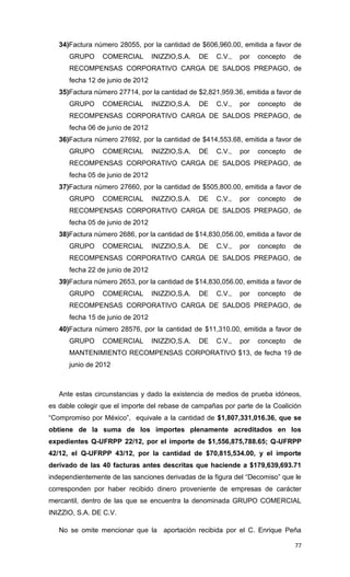 34)Factura número 28055, por la cantidad de $606,960.00, emitida a favor de
      GRUPO      COMERCIAL        INIZZIO,S.A.   DE   C.V.,   por   concepto   de
      RECOMPENSAS CORPORATIVO CARGA DE SALDOS PREPAGO, de
      fecha 12 de junio de 2012
   35)Factura número 27714, por la cantidad de $2,821,959.36, emitida a favor de
      GRUPO      COMERCIAL        INIZZIO,S.A.   DE   C.V.,   por   concepto   de
      RECOMPENSAS CORPORATIVO CARGA DE SALDOS PREPAGO, de
      fecha 06 de junio de 2012
   36)Factura número 27692, por la cantidad de $414,553.68, emitida a favor de
      GRUPO      COMERCIAL        INIZZIO,S.A.   DE   C.V.,   por   concepto   de
      RECOMPENSAS CORPORATIVO CARGA DE SALDOS PREPAGO, de
      fecha 05 de junio de 2012
   37)Factura número 27660, por la cantidad de $505,800.00, emitida a favor de
      GRUPO      COMERCIAL        INIZZIO,S.A.   DE   C.V.,   por   concepto   de
      RECOMPENSAS CORPORATIVO CARGA DE SALDOS PREPAGO, de
      fecha 05 de junio de 2012
   38)Factura número 2686, por la cantidad de $14,830,056.00, emitida a favor de
      GRUPO      COMERCIAL        INIZZIO,S.A.   DE   C.V.,   por   concepto   de
      RECOMPENSAS CORPORATIVO CARGA DE SALDOS PREPAGO, de
      fecha 22 de junio de 2012
   39)Factura número 2653, por la cantidad de $14,830,056.00, emitida a favor de
      GRUPO      COMERCIAL        INIZZIO,S.A.   DE   C.V.,   por   concepto   de
      RECOMPENSAS CORPORATIVO CARGA DE SALDOS PREPAGO, de
      fecha 15 de junio de 2012
   40)Factura número 28576, por la cantidad de $11,310.00, emitida a favor de
      GRUPO      COMERCIAL        INIZZIO,S.A.   DE   C.V.,   por   concepto   de
      MANTENIMIENTO RECOMPENSAS CORPORATIVO $13, de fecha 19 de
      junio de 2012



   Ante estas circunstancias y dado la existencia de medios de prueba idóneos,
es dable colegir que el importe del rebase de campañas por parte de la Coalición
“Compromiso por México”, equivale a la cantidad de $1,807,331,016.36, que se
obtiene de la suma de los importes plenamente acreditados en los
expedientes Q-UFRPP 22/12, por el importe de $1,556,875,788.65; Q-UFRPP
42/12, el Q-UFRPP 43/12, por la cantidad de $70,815,534.00, y el importe
derivado de las 40 facturas antes descritas que haciende a $179,639,693.71
independientemente de las sanciones derivadas de la figura del “Decomiso” que le
corresponden por haber recibido dinero proveniente de empresas de carácter
mercantil, dentro de las que se encuentra la denominada GRUPO COMERCIAL
INIZZIO, S.A. DE C.V.

   No se omite mencionar que la aportación recibida por el C. Enrique Peña

                                                                               77
 