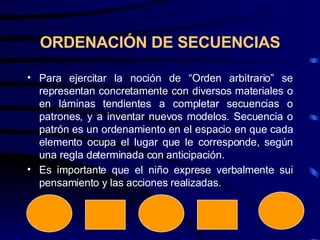 ORDENACIÓN DE SECUENCIAS Para ejercitar la noción de “Orden arbitrario” se representan concretamente con diversos materiales o en láminas tendientes a completar secuencias o patrones, y a inventar nuevos modelos. Secuencia o patrón es un ordenamiento en el espacio en que cada elemento ocupa el lugar que le corresponde, según una regla determinada con anticipación. Es importante que el niño exprese verbalmente sui pensamiento y las acciones realizadas. 