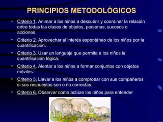 PRINCIPIOS METODOLÓGICOS Criterio 1 .  Animar a los niños a descubrir y coordinar la relación entre todas las clases de objetos, personas, sucesos o acciones. Criterio 2 .  Aprovechar el interés espontáneo de los niños por la cuantificación. Criterio 3 .  Usar un lenguaje que permita a los niños la cuantificación lógica. Criterio 4 .  Alentar a los niños a formar conjuntos con objetos móviles. Criterio 5.   Llevar a los niños a comprobar con sus compañeros si sus respuestas son o no correctas. Criterio 6.   Observar como actúan los niños para entender 