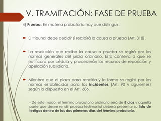 V. TRAMITACIÓN: FASE DE PRUEBA
4) Prueba: En materia probatoria hay que distinguir:
 El tribunal debe decidir si recibirá la causa a prueba (Art. 318).
 La resolución que recibe la causa a prueba se regirá por las
normas generales del juicio ordinario. Esto conlleva a que se
notificará por cédula y procederán los recursos de reposición y
apelación subsidiaria.
 Mientras que el plazo para rendirla y la forma se regirá por las
normas establecidas para los incidentes (Art. 90 y siguientes)
según lo dispuesto en el Art. 686.
- De este modo, el término probatorio ordinario será de 8 días y aquella
parte que desee rendir prueba testimonial deberá presentar su lista de
testigos dentro de los dos primeros días del término probatorio.
 