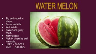 ● Big and round in
shape.
● Green outside
● Red inside.
● Sweet and juicy
fruit.
● Many seeds.
● Rich in vitamins and
minerals.
● USES - JUICES
AND SALADS.
 