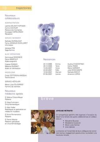 18              trajectoires

 Nouveaux
 collaborateurs
 ADMINISTRATION
 Laetitia DELAVY FURTADO
 Corine ZUCHUAT
 Ressources Humaines
 Giuseppe CAPOLONGO
 Réception

 SERVICE INFIRMIER
 Nathalie DUPANLOUP
 Fanny GENOUD DUVILLARET
 Infirmières
 Vanessa PINI
 Sage-femme

 BLOC OPÉRATOIRE
 Dominique DEGENEVE
 Denis MARCILLY                 Naissances
 Aides-soignants
 Colette POIRIER                22.12.2006   Emmy            Audrey D’AGOSTINO
 Mélanie OUDINET                28.12.2006   Yanis           Carlos RAMA
 Aides en stérilisation         14.03.2007   Victor          Marie GARNIER
                                24.03.2007   Félix           Julie DESCHAMPS
 RADIOLOGIE                     12.04.2007   Damien          Nathalie BOCHY
                                07.05.2007   Lennie          Amancio LOPES
 Cindy COTTEREAU-ANSEAU
 Technicienne

 SERVICE HÔTELIER
 Maria Luisa FELISARDO
 Femme de chambre

 Nouveaux
 médecins agréés
 Dr Melina Citraro-Meyer
 Pédiatre                       brève
 D Edya Fuhrmann
  r


 Onco-hématologue
 Dr Alain Keller
 Radiologue et spécialiste en
 médecine nucléaire                          JOYEUSE RETRAITE!

 Dr Anne Romanowicz                          Un sympathique apéritif a été organisé à l'occasion du
 Pédiatre                                    départ à la retraite de quatre collaboratrices et collabo-
 Dr Pierre Wacker                            rateurs:
 Pédiatre spécialiste                                  • Marylène Bousrez
 en onco-hématologie                                   • Madeleine Coudurier
                                                       • Maria Luisa Gomez
                                                       • Jose Iglesias

                                             La direction et l'ensemble de leurs collègues les remer-
                                             cient de leur engagement passé et leur souhaitent une
                                             heureuse retraite.
 