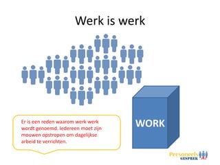 Werk is werk




Er is een reden waarom werk werk
wordt genoemd. Iedereen moet zijn
                                    WORK
mouwen opstropen om dagelijkse
arbeid te verrichten.
 