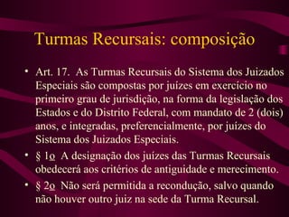Turmas Recursais: composição
• Art. 17. As Turmas Recursais do Sistema dos Juizados
  Especiais são compostas por juízes em exercício no
  primeiro grau de jurisdição, na forma da legislação dos
  Estados e do Distrito Federal, com mandato de 2 (dois)
  anos, e integradas, preferencialmente, por juízes do
  Sistema dos Juizados Especiais.
• § 1o A designação dos juízes das Turmas Recursais
  obedecerá aos critérios de antiguidade e merecimento.
• § 2o Não será permitida a recondução, salvo quando
  não houver outro juiz na sede da Turma Recursal.
 