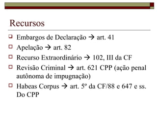 Recursos
 Embargos de Declaração  art. 41
 Apelação  art. 82
 Recurso Extraordinário  102, III da CF
 Revisão Criminal  art. 621 CPP (ação penal
autônoma de impugnação)
 Habeas Corpus  art. 5º da CF/88 e 647 e ss.
Do CPP
 